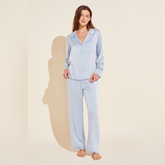Inez Washable Silk Long PJ Set Powder Blue/Champagne - Picture 2 of 5